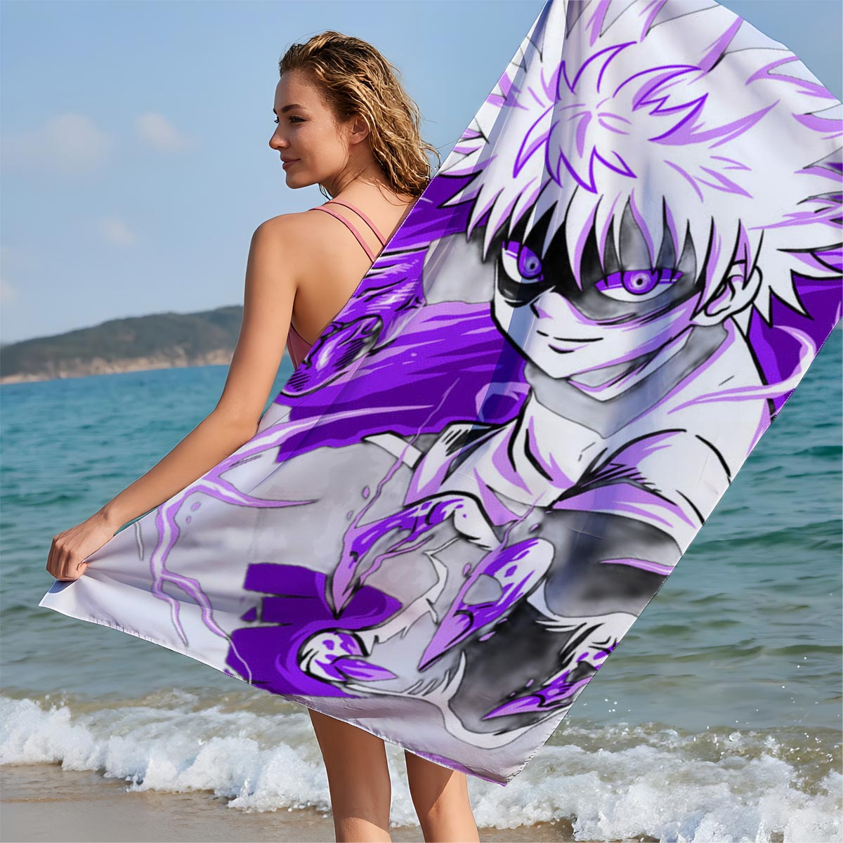 Saitama from One Punch Man in a dynamic pose with purple energy effects - Beach towels