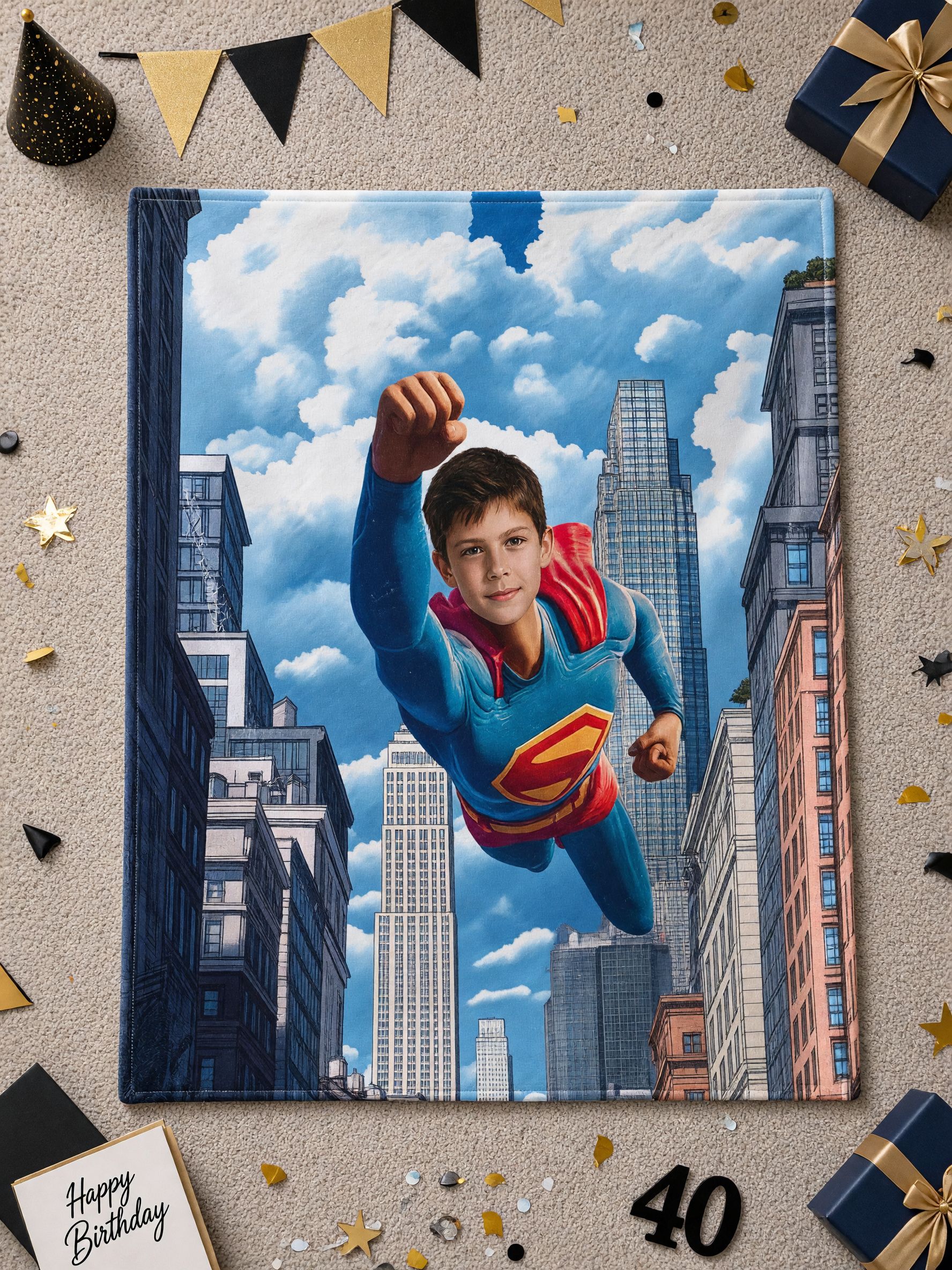 Custom Superhero Face Photo Flannel Blanket, Ultra Soft Flying Hero Throw, Ideal Personalized Gift for Kids and Family