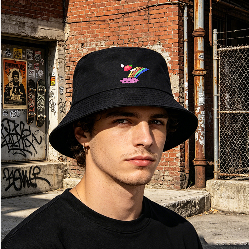 Unisex Classic Bucket Hat with Strawberry Wings and Rainbow Cloud Print - Stylish Sun Protection for Outdoor Activities, Perfect for Youth and Adults Seeking Fun Fashion Statement