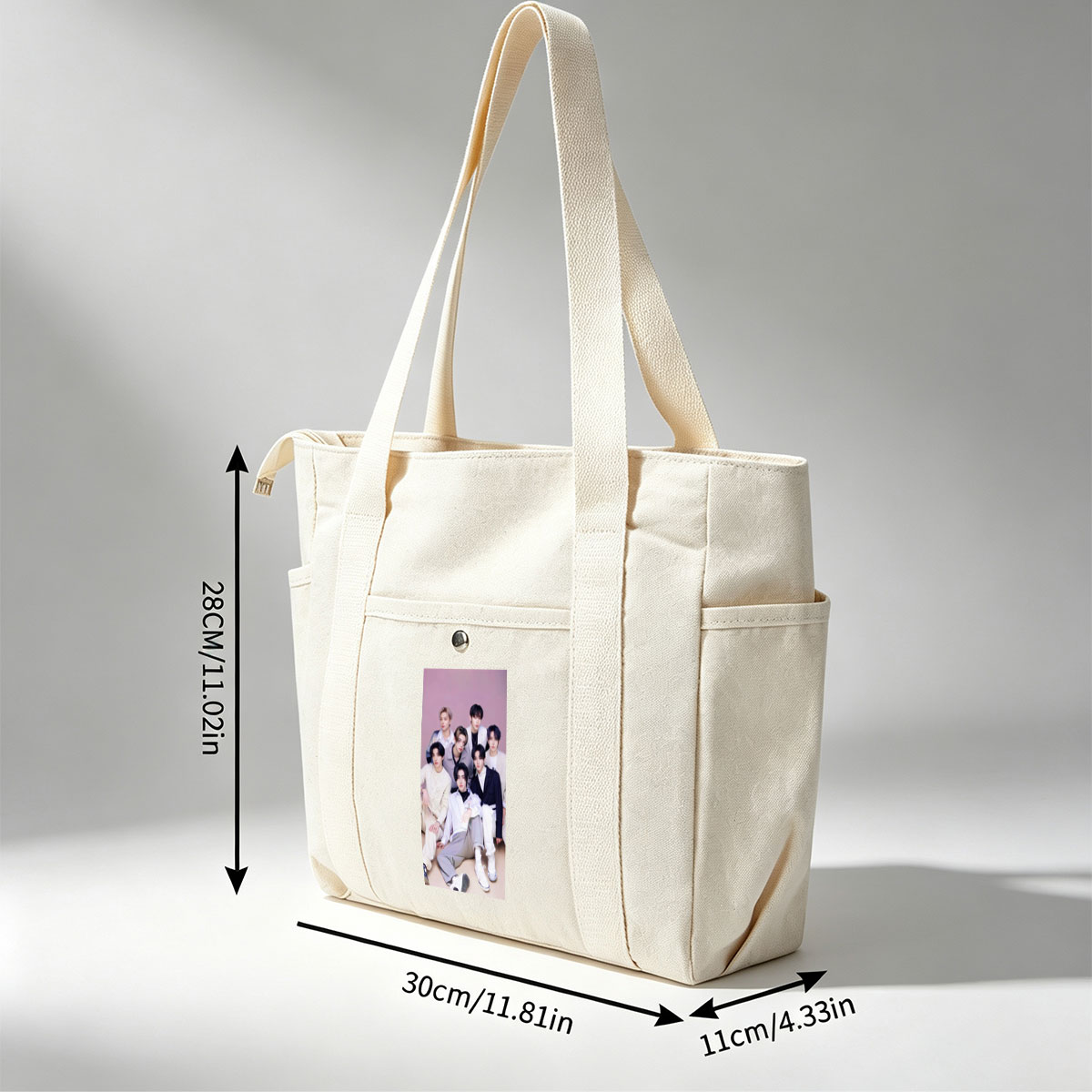ENHYPEN Group Photo in Stylish Outfits Against Soft Pink Background - Multi-pocket bags