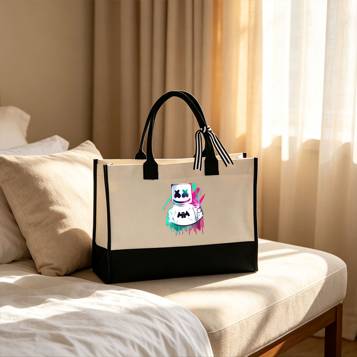 Marshmello DJ Character with Neon Glow and Peace Sign - Canvas patchwork gift tote bag