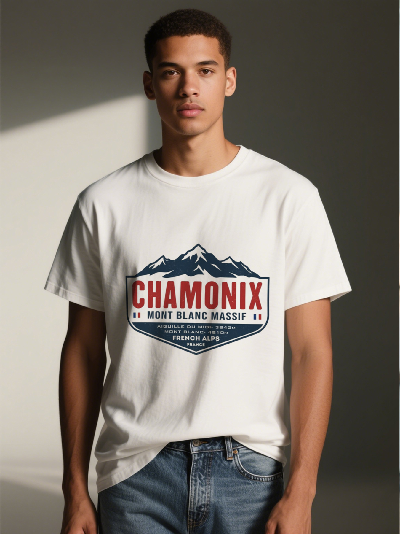 Men's Chamonix Mont Blanc Massif Print T-Shirt Mountain Logo French Alps Design Casual Round Neck Lightweight Breathable Summer Short Sleeve Tee for Outdoor Travel Hiking Adventure Enthusiasts