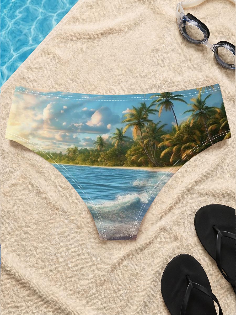 Tropical Beach at Sunset with Palm Trees and Gentle Waves -  Men's swim trunks