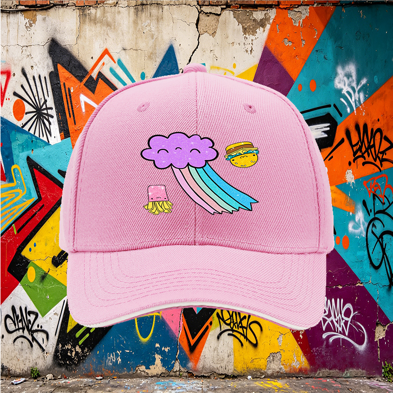Unisex Classic Sandwich Hat with Kawaii Rainbow Cloud, Happy Burger & Fries Print – Perfect for Casual Outings, Festivals, and Daily Wear – Ideal for Teens and Young Adults Loving Fun Food-Themed Fashion
