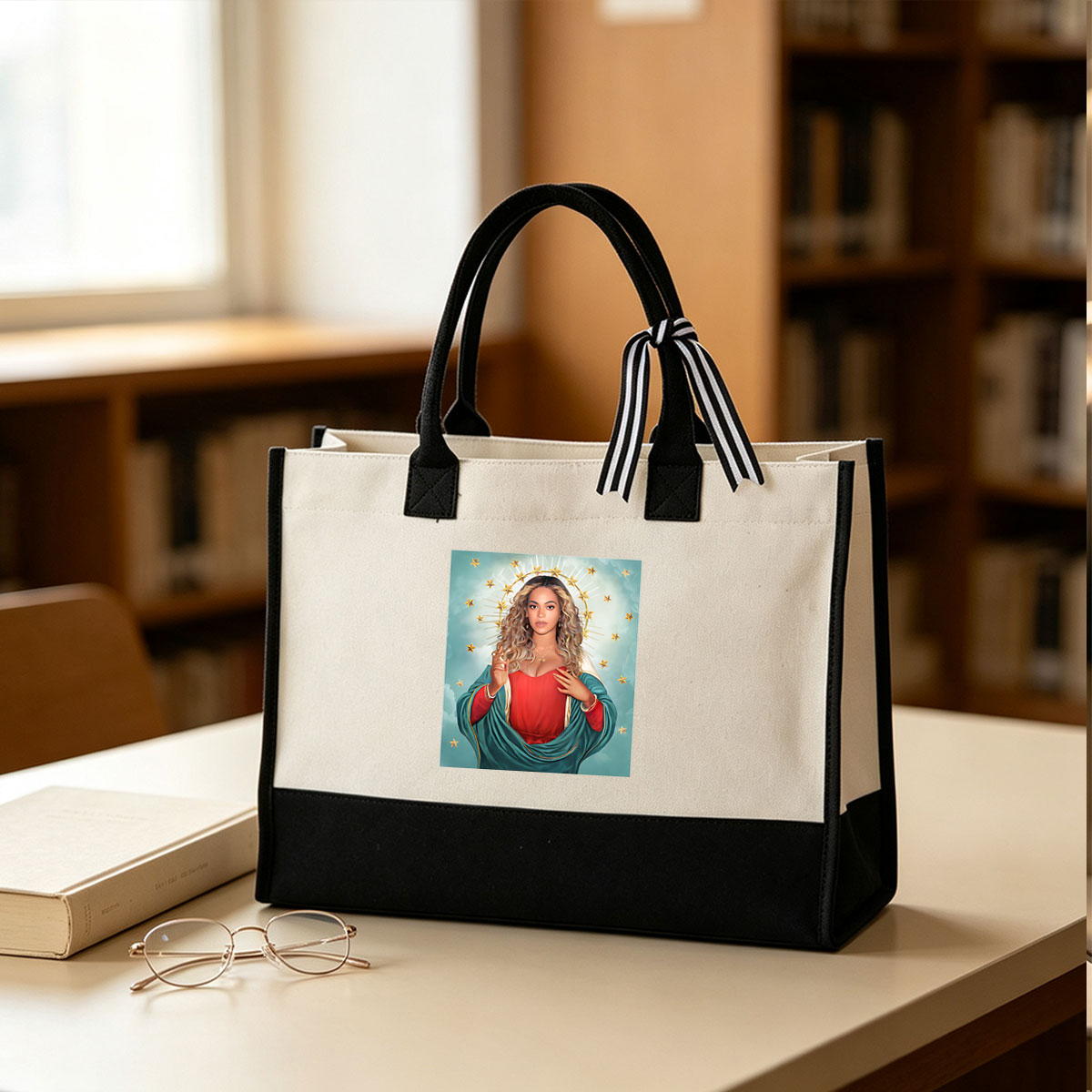 Beyoncé as the Virgin Mary with a halo of stars - Canvas patchwork gift tote bag