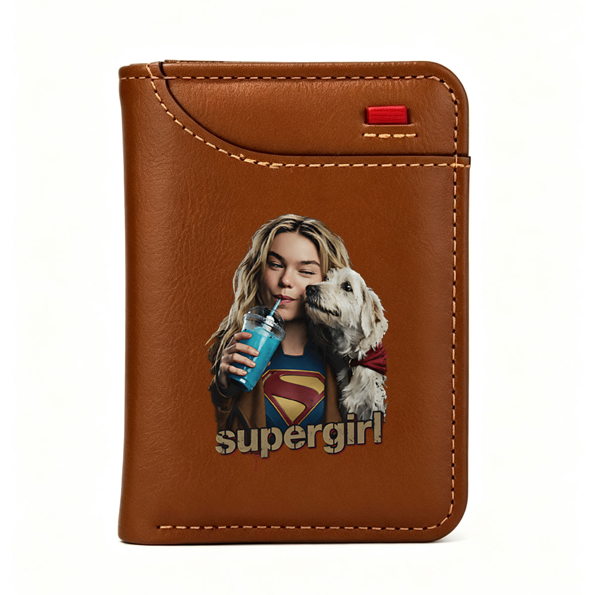 Supergirl with Dog and Blue Drink - Vertical Style Wallet