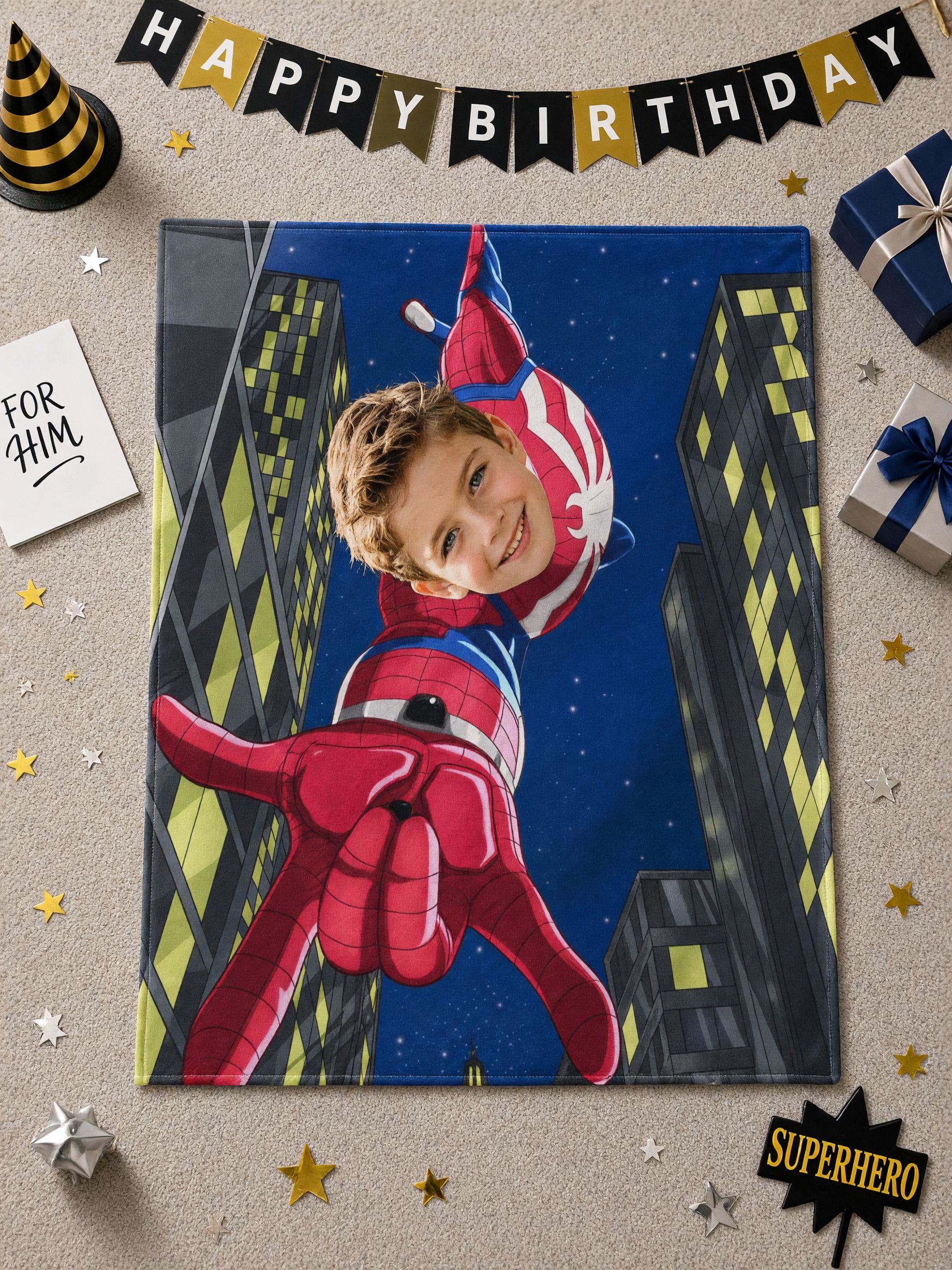 Custom Photo Superhero Flannel Blanket, Personalized Face Throw for Kids Bed and Sofa, Cozy Keepsake Gift