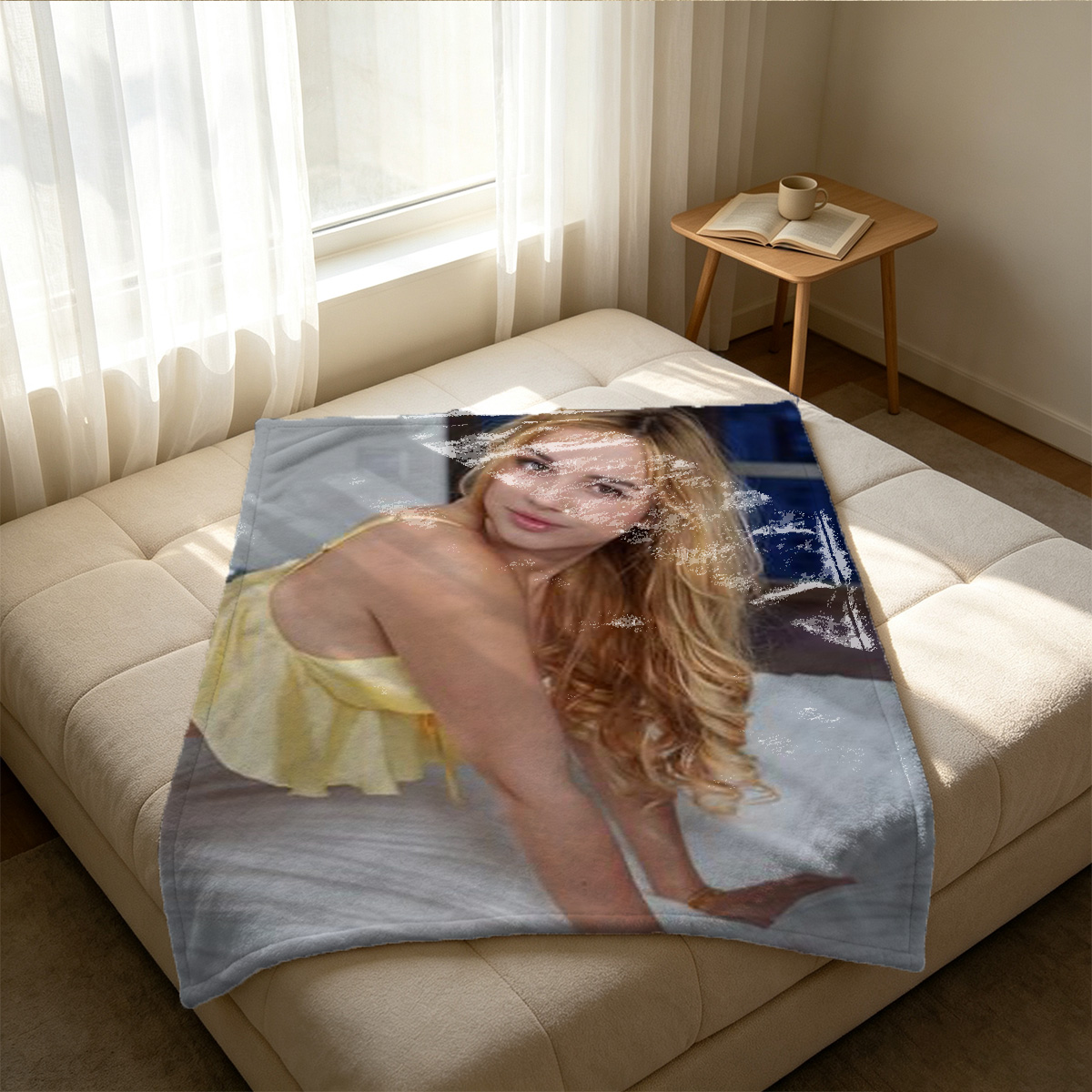Aubrey Kate in white lingerie stretching on a modern chair. - Blanket