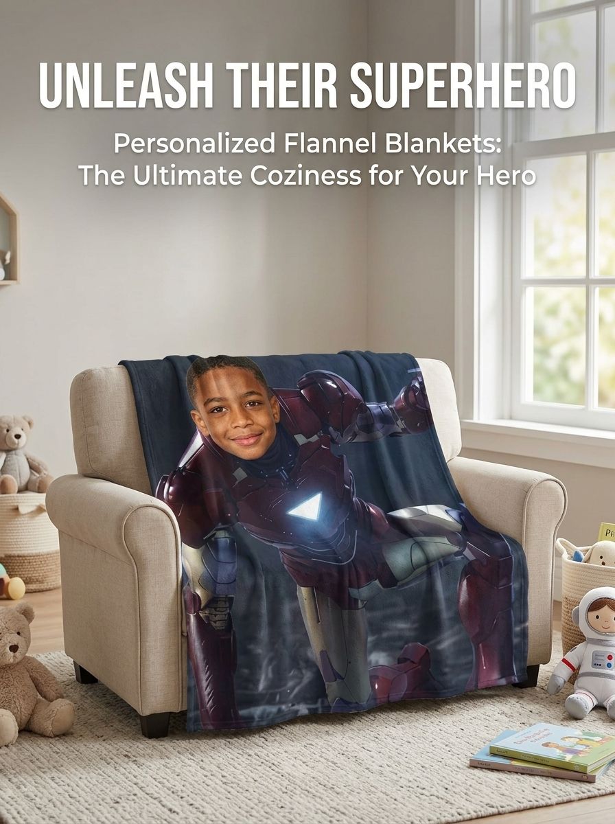 Custom Face Superhero Flannel Blanket, Personalized Photo Plush Throw for Kids and Adults, Cozy Bed and Couch Gift