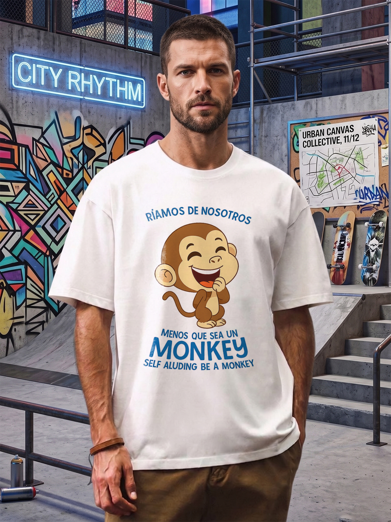 Men's Printed T-Shirt Featuring Laughing Monkey Cartoon with 