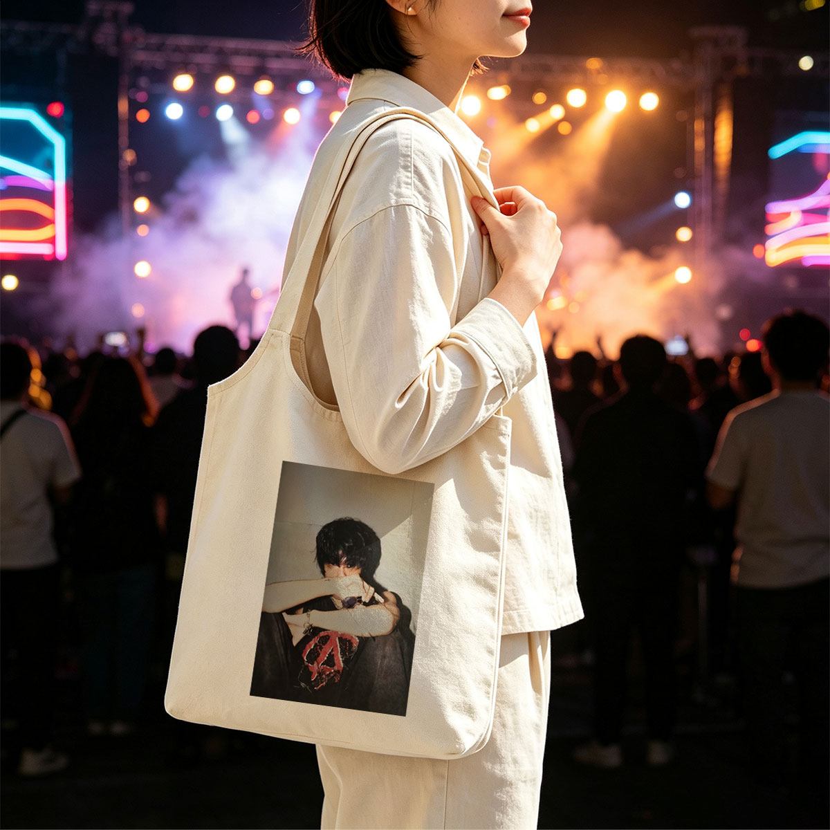 Hyunjin of Stray Kids in a Moody Pose with Sunglasses and Cross Tattoo, Wearing a Black T-Shirt with Red Peace Symbol Design - Canvas shoulder bags/