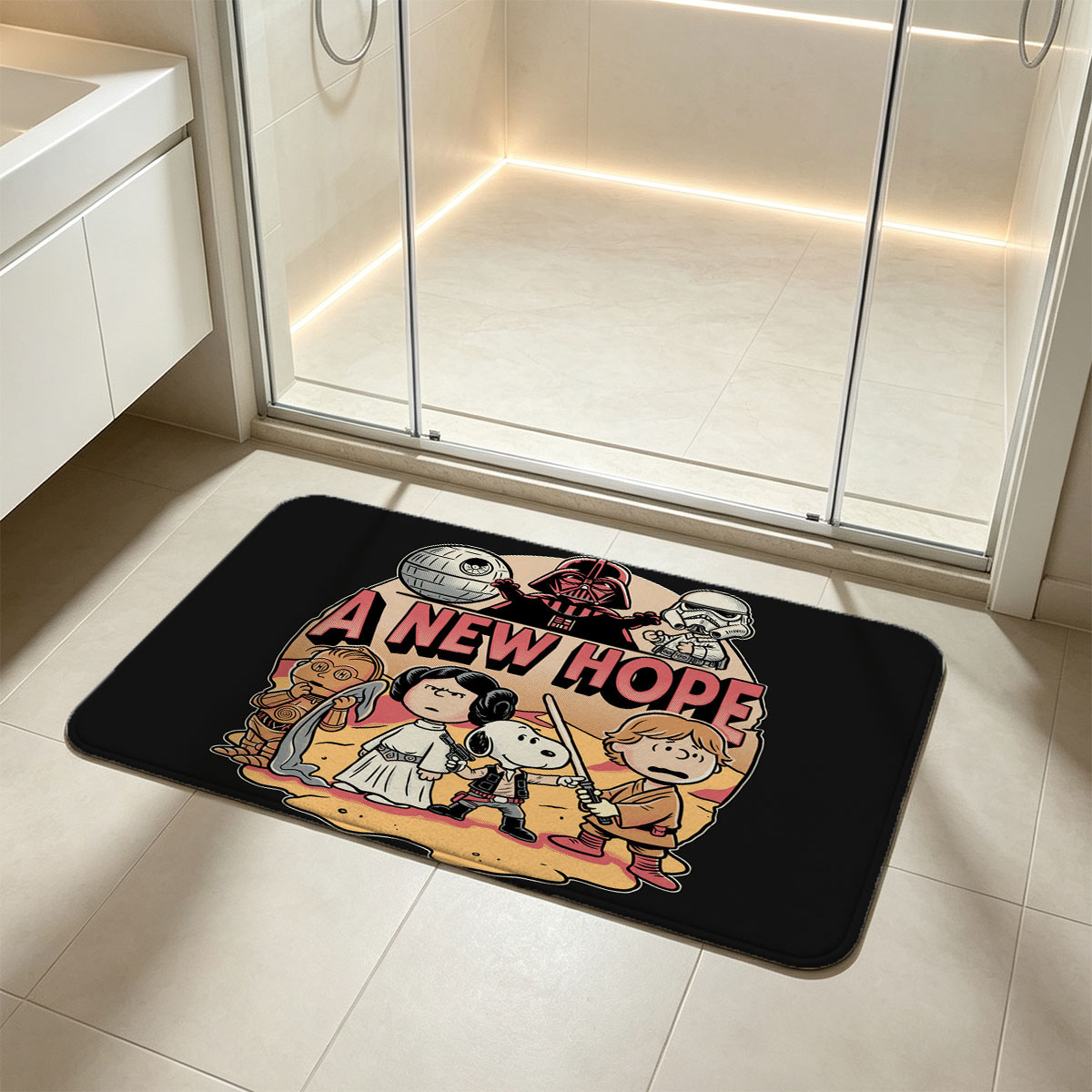 Star Wars: A New Hope - Snoopy as Luke, Leia, C-3PO, Darth Vader, Stormtrooper, and Death Star - Flannel floor mat