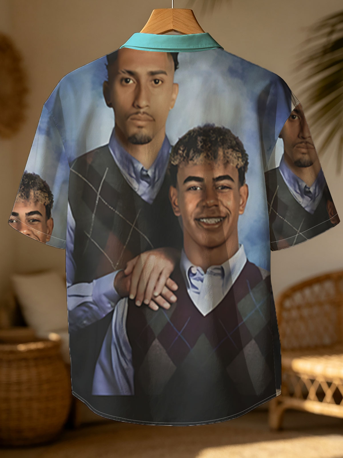 Two Men in Argyle Vests, One Smiling, One Serious, Blue Background -  Shirt