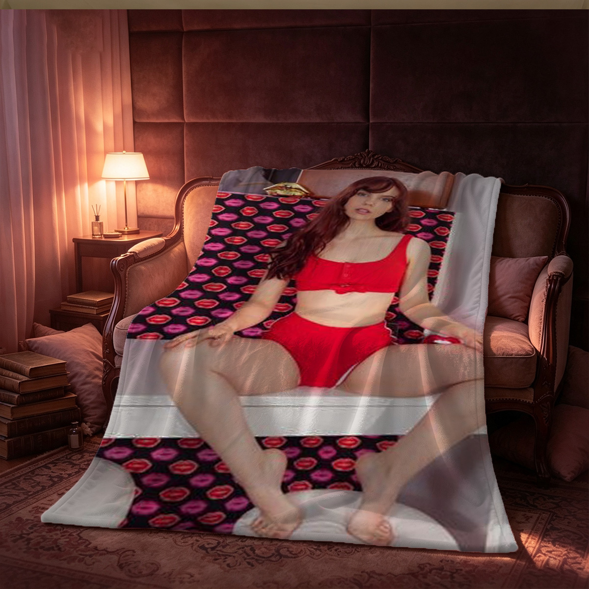 Petite Brunette in White Lingerie on Orange Couch - Blanket