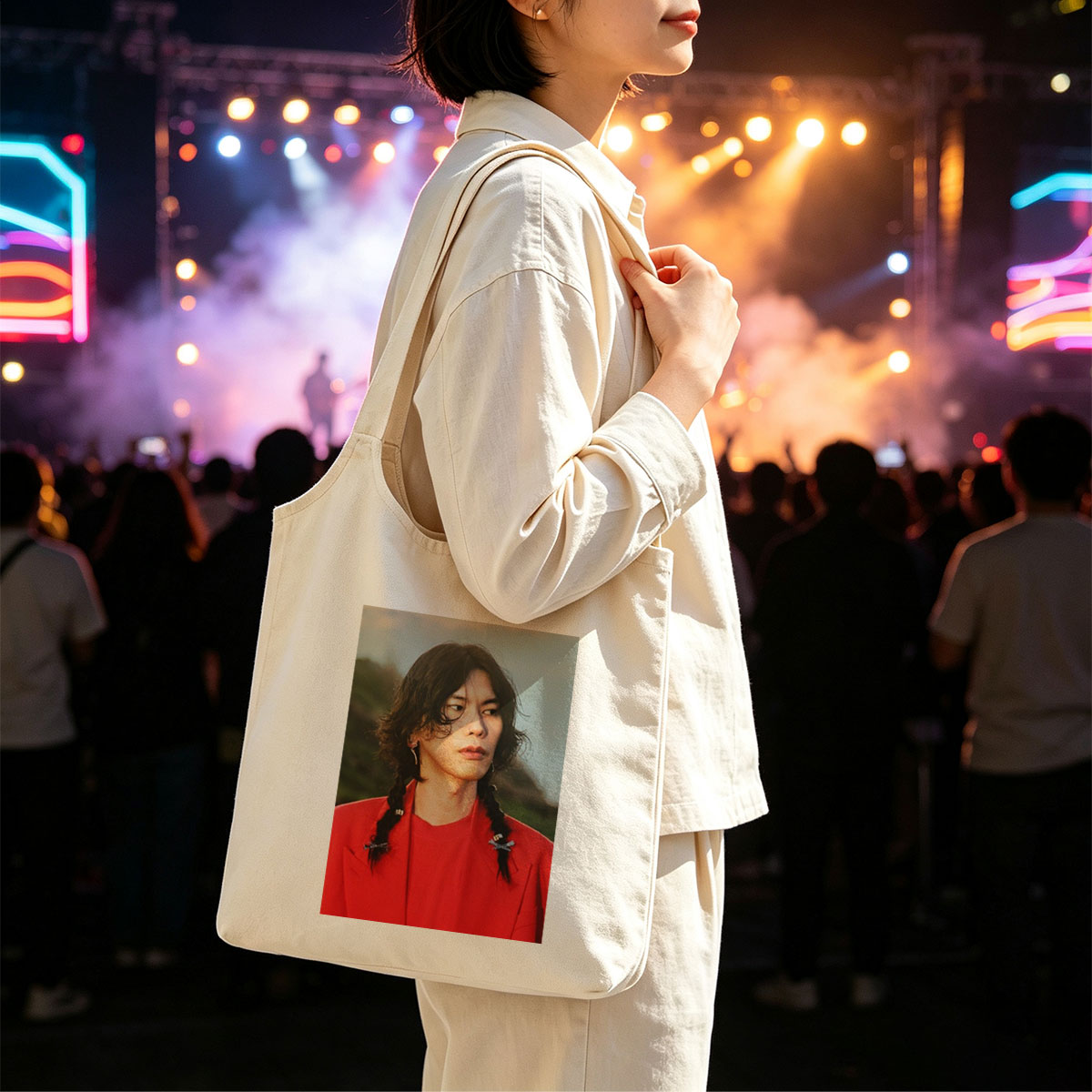 Miyavi in a Bold Red Outfit with Braided Hair and Crossed Pins, Standing Against a Natural Backdrop - Canvas shoulder bags/