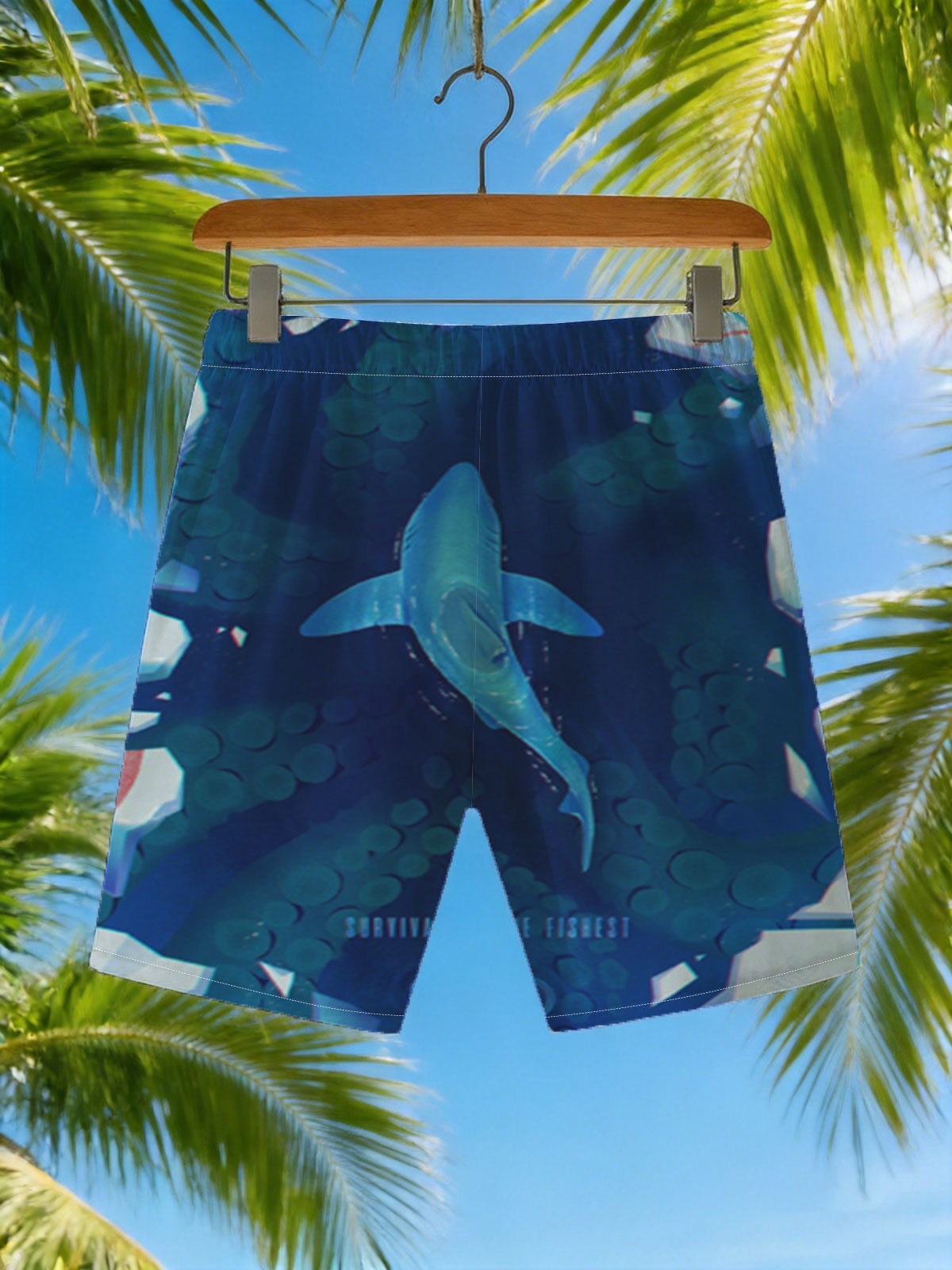 Shark swims through icy coral reef in deep blue ocean -  Beach shorts
