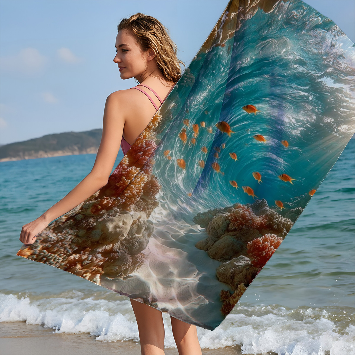 Sunlit Coral Cave with Swimming Fish - Beach towels