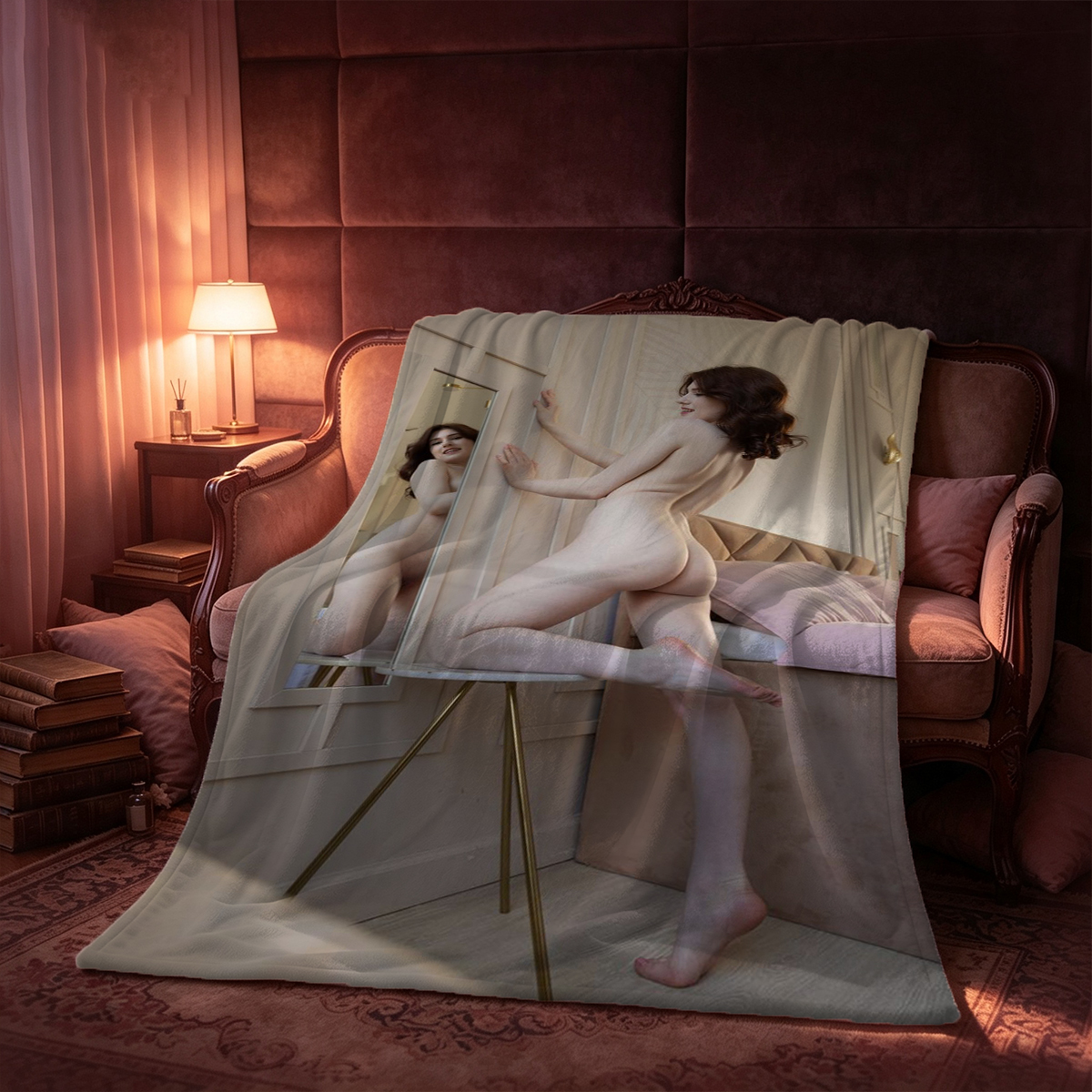Jennifer Lawrence in white dress sitting on a white beanbag chair. - Blanket