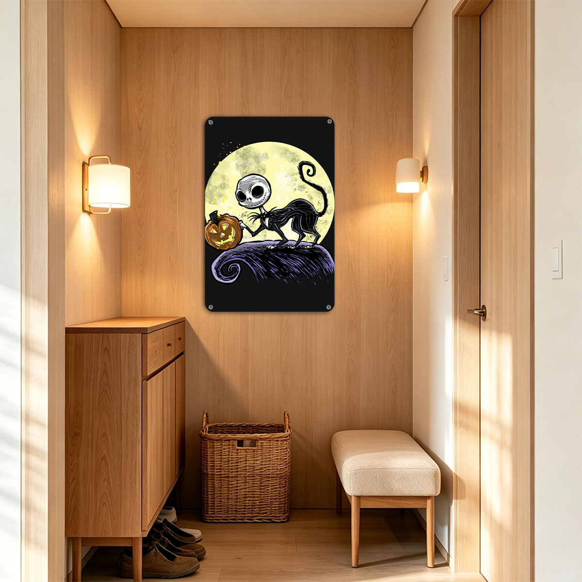 Jack Skellington from The Nightmare Before Christmas holding a pumpkin against a full moon - painting