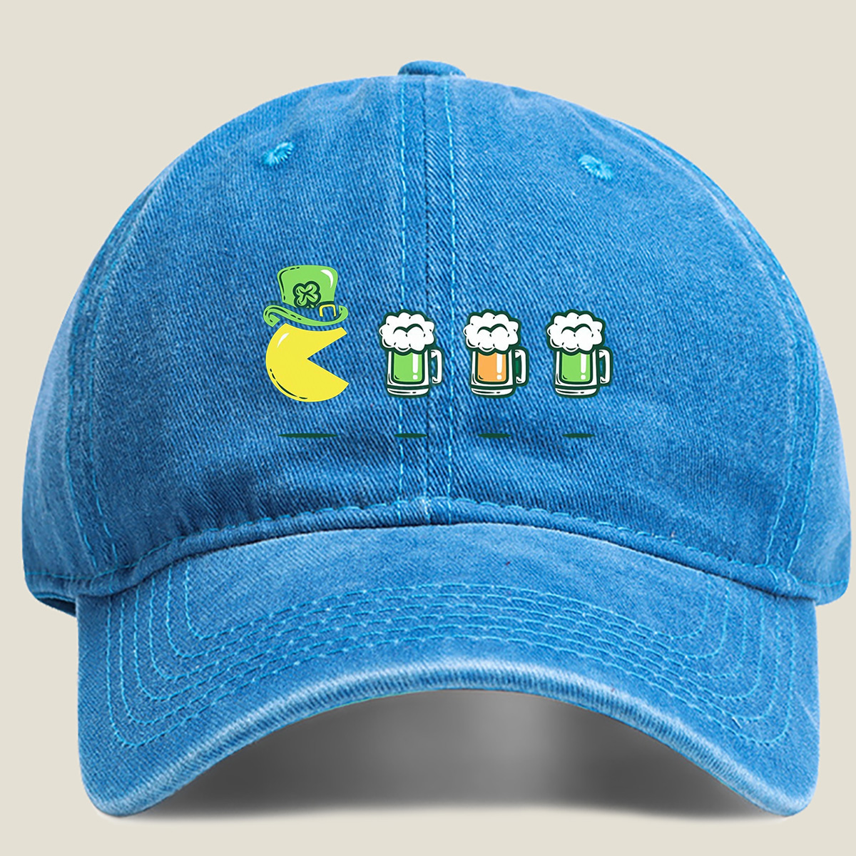 Pac-Man Wears a Leprechaun Hat and Approaches Beer Mugs - Washed Denim - Baseball Cap