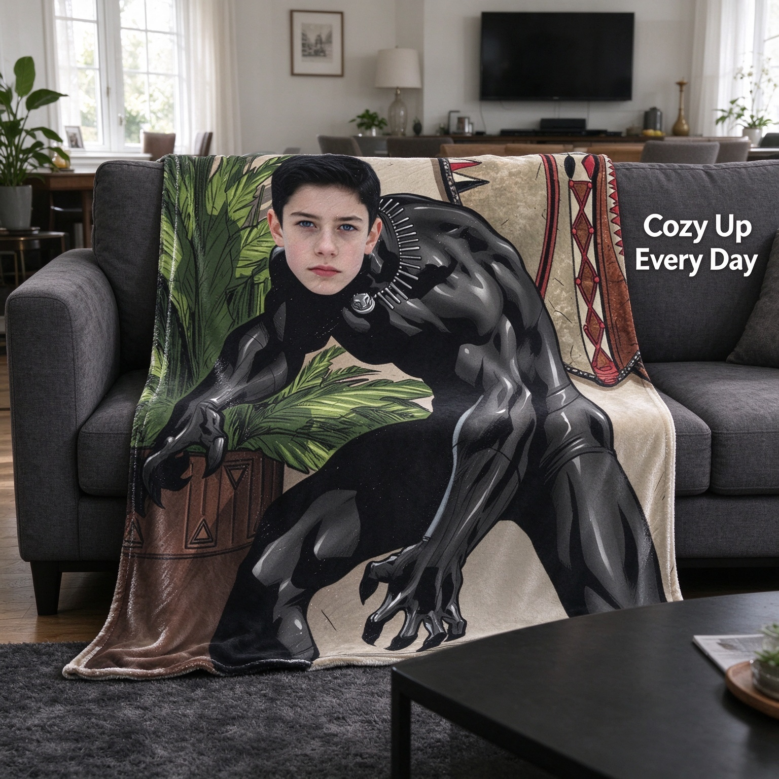 Custom Face Blanket Personalized Photo Comic Warrior Flannel Throw Ultra Soft Cozy Gift for Boys and Kids