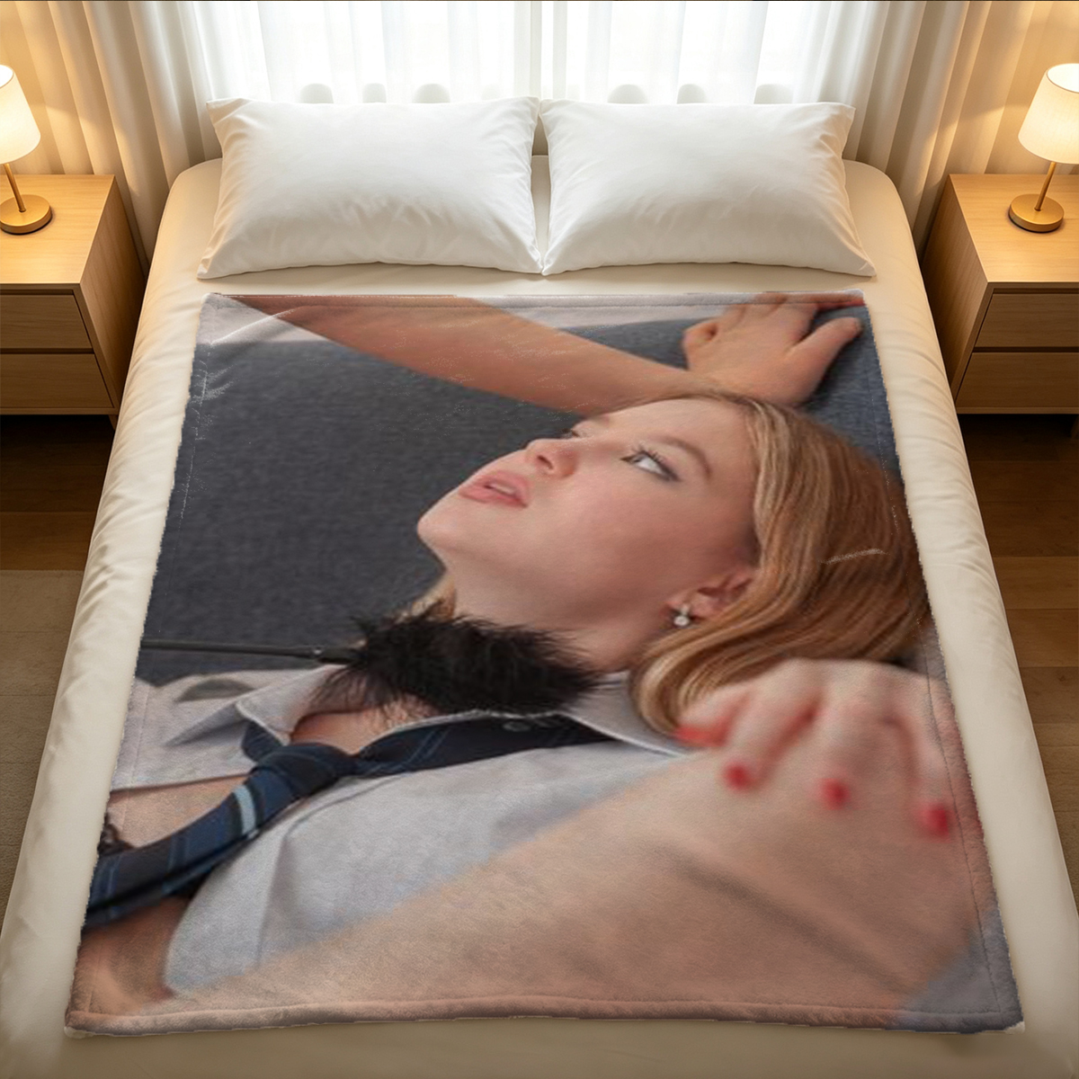 A woman in black sheer lingerie and stockings reclining on a teal couch. - Blanket