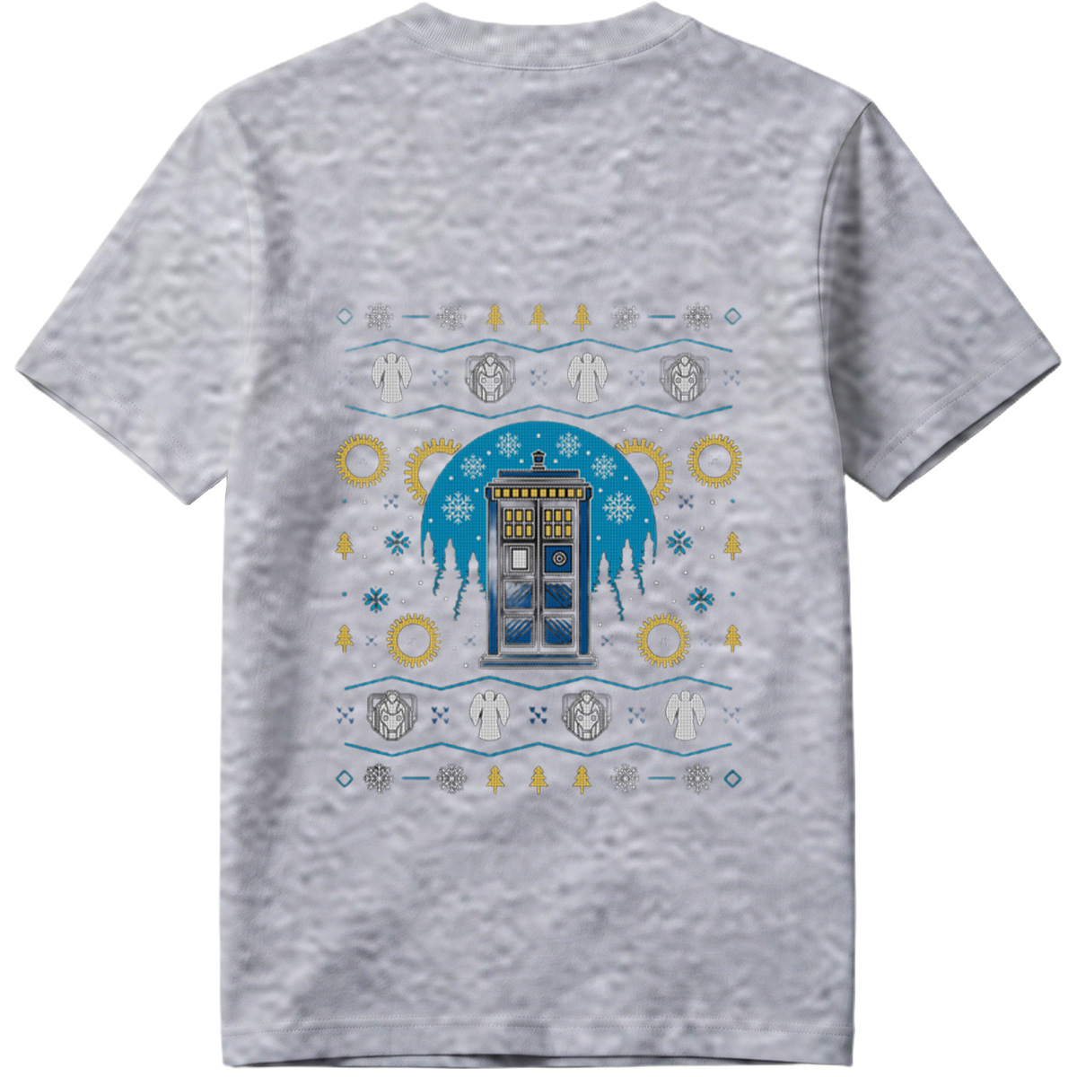 Doctor Who Christmas Sweater Design Featuring TARDIS, Weeping Angels, and Cybermen - Tee