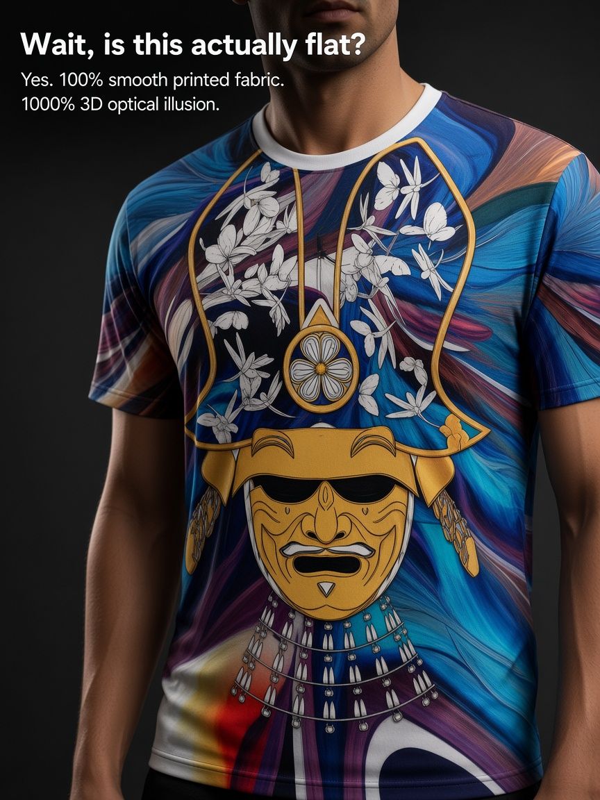 Samurai Mask 3D Optical Illusion Graphic Tee Breathable Athletic Mesh T-Shirt Casual and Sports Wear