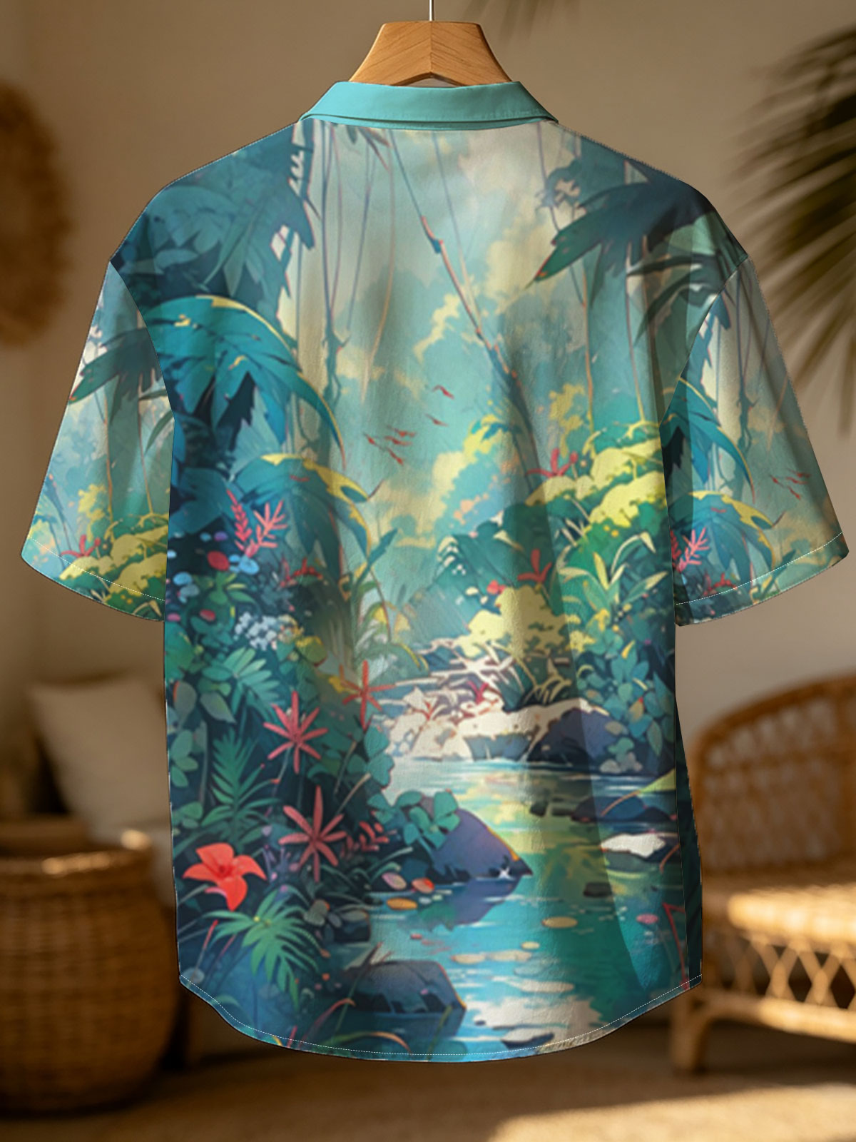 Lush Jungle Stream with Vibrant Flowers and Dappled Light -  Shirt