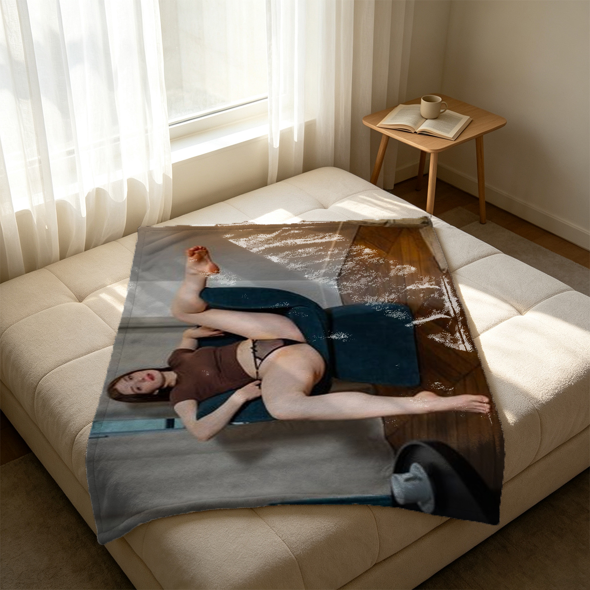 Nude Asian woman with blonde hair sitting in green armchair. - Blanket