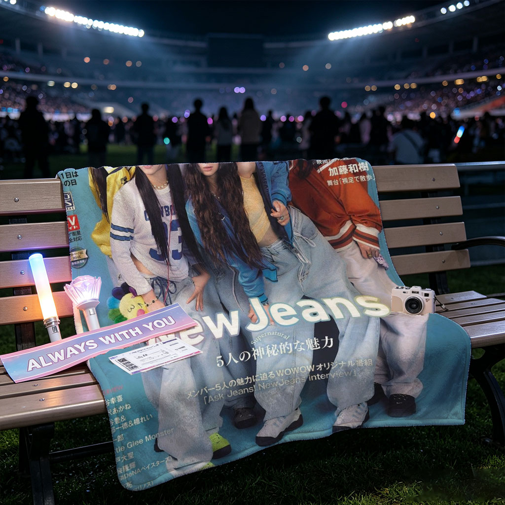 NewJeans on TV Guide Cover Featuring Five Members in Casual Outfits with Blue Background - Blankets