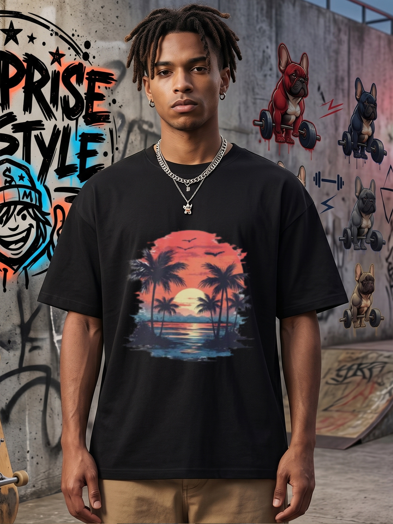 Men's Printed T-Shirt Tropical Sunset Palm Trees Design Casual Round Neck Summer Lightweight Breathable Short Sleeve T-Shirt for Beach Vacation Outdoor Activities Men