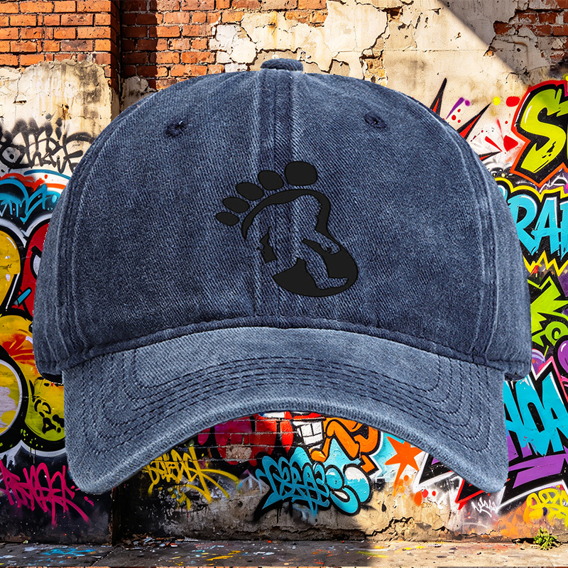 Unisex Classic Washed Cap with Bigfoot Silhouette Print - Outdoor Adventure Hat for Hiking, Camping, and Nature Enthusiasts