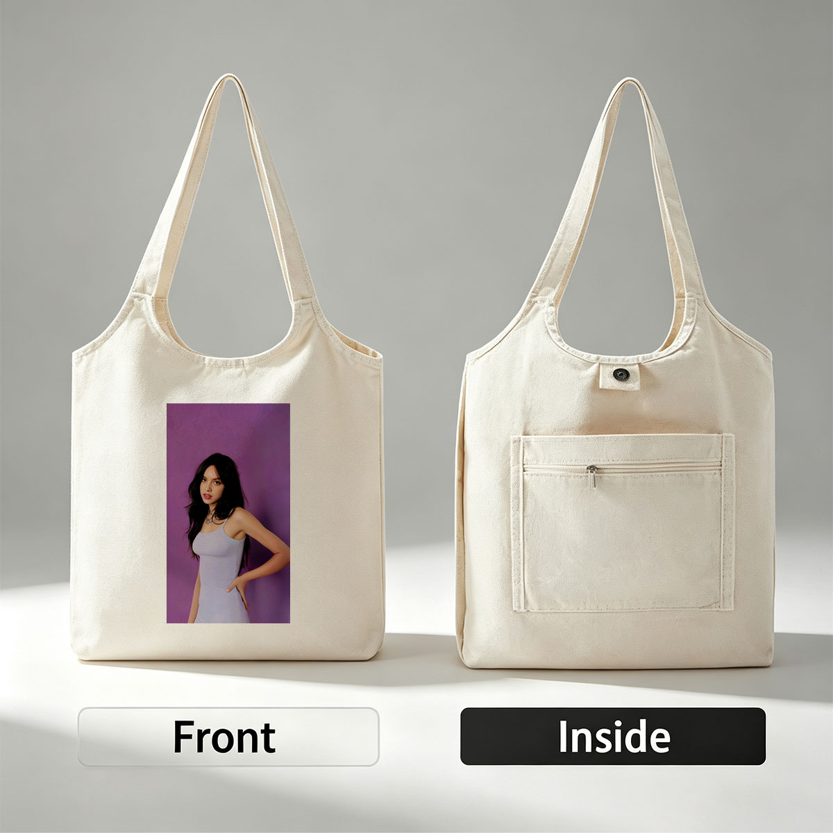 Olivia Rodrigo in a Light Blue Dress Posing Against Purple Background - Canvas shoulder bags/