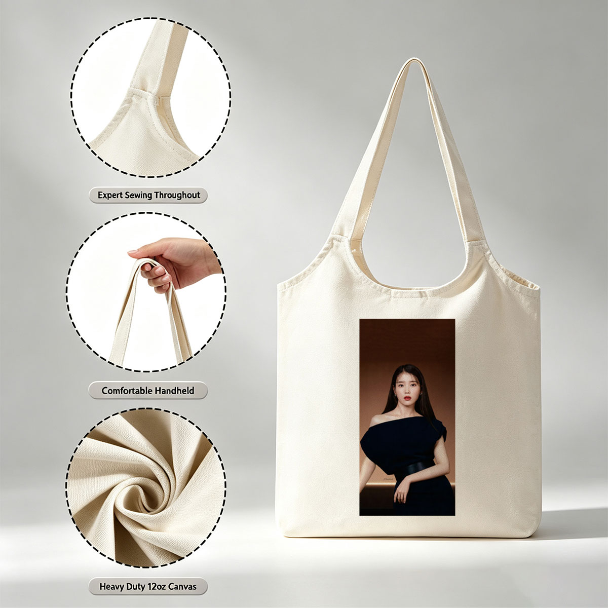 IU in Elegant Black Off-Shoulder Dress Against Warm Brown Background - Canvas shoulder bags/
