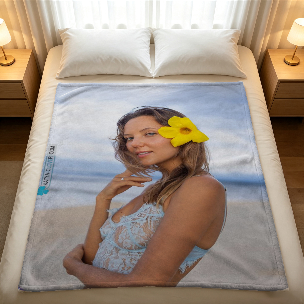 A woman in a white halter monokini and black stockings posing seductively indoors. - Blanket