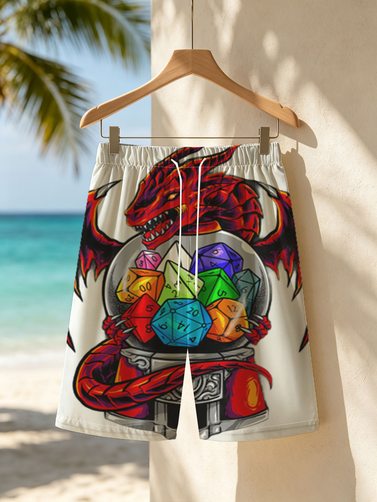 Red Dragon Guarding a Crystal Ball with Colorful Dice -  Beach shorts