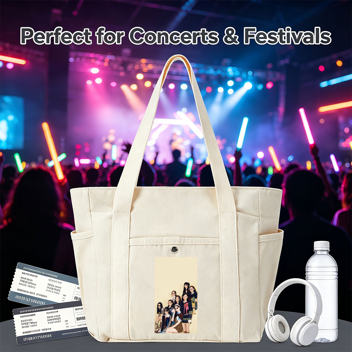 NewJeans Group Photo in Stylish Vintage Outfits with Sunglasses and Floral Accents - Multi-pocket bags