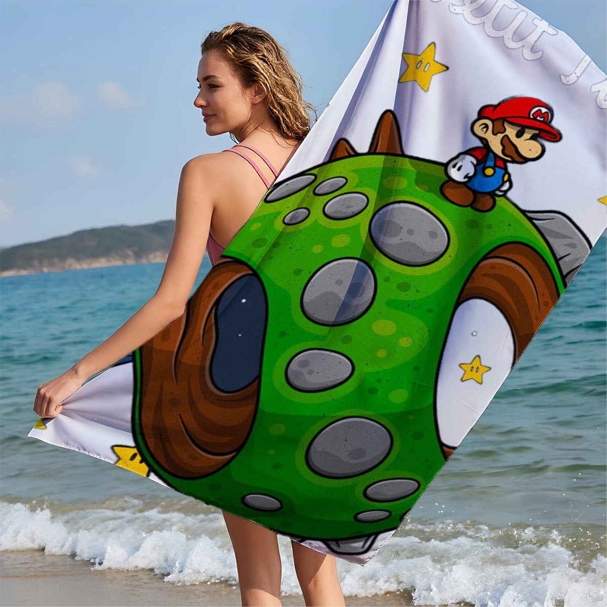 Mario on a Green Planet in Space with Stars and 