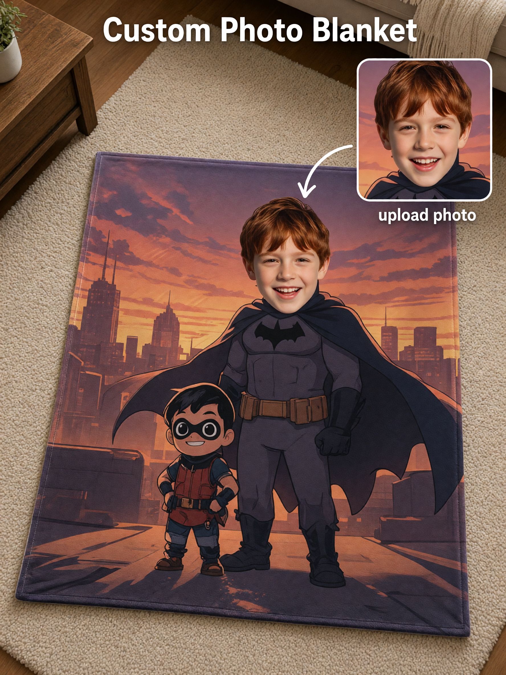 Custom Face Superhero Flannel Fleece Blanket, Ultra Soft Personalized Photo Throw, Ideal Cozy Gift for Kids and Family