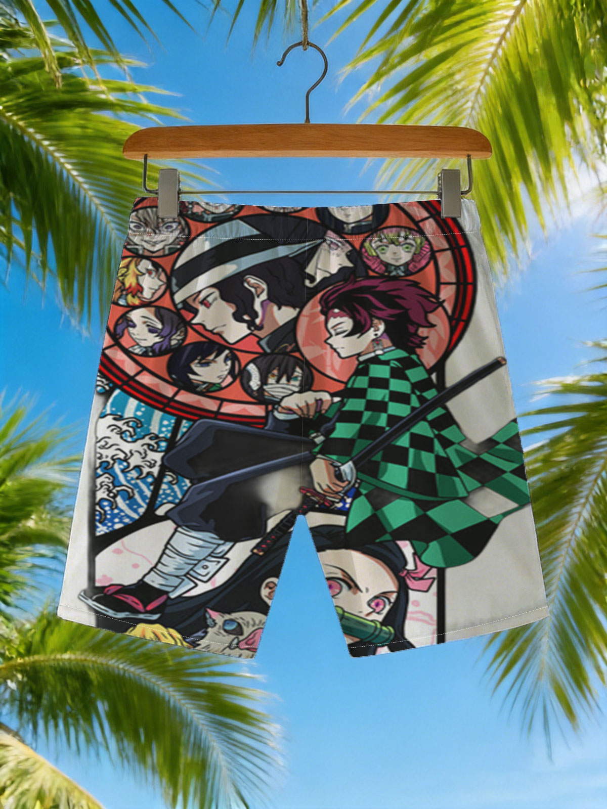 Demon Slayer: Tanjiro, Nezuko, Zenitsu, Inosuke, and Hashira in Action -  Beach shorts