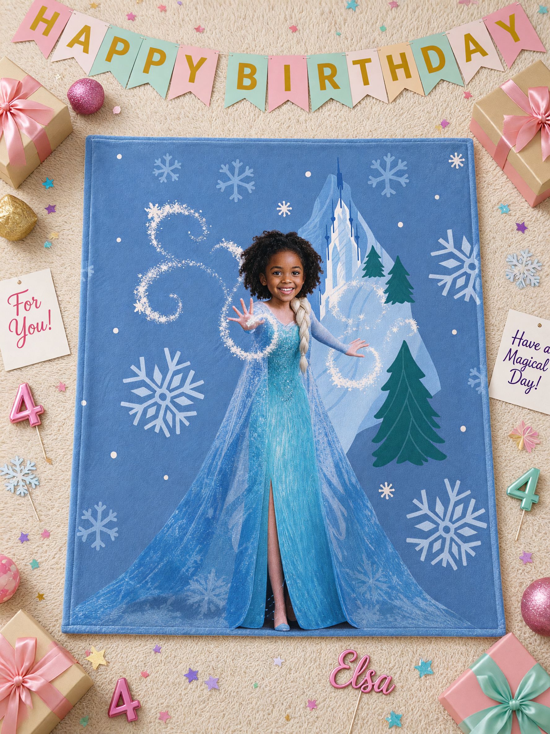 Custom Face Ice Princess Fleece Blanket, Ultra Soft Flannel Throw, Personalized Winter Castle Gift for Girls and Kids