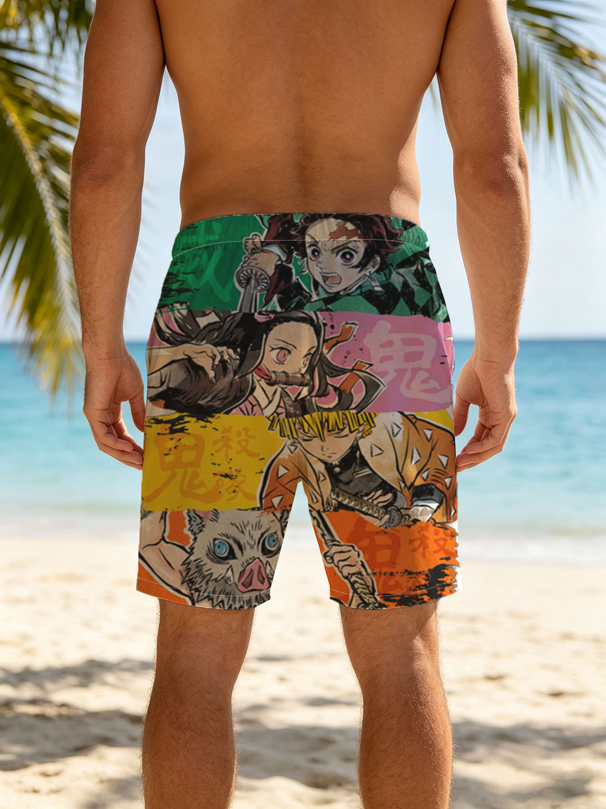 Demon Slayer: Tanjiro, Nezuko, Zenitsu, and Inosuke in Action -  Beach shorts