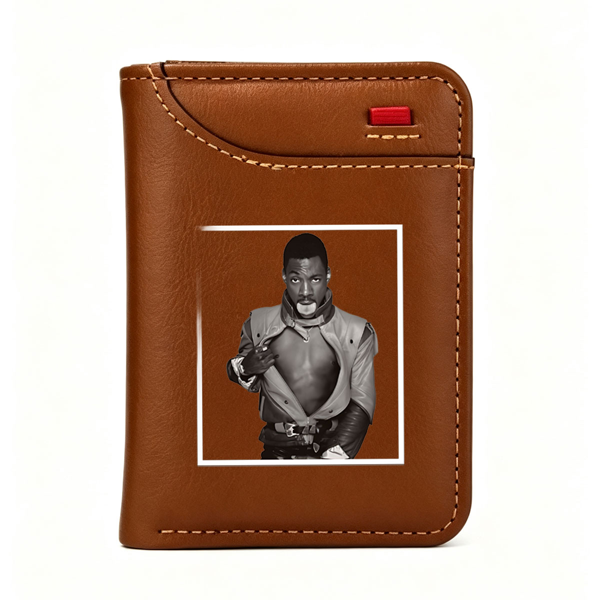 Eddie Murphy in a bold, edgy leather outfit with a dramatic pose - Vertical Style Wallet