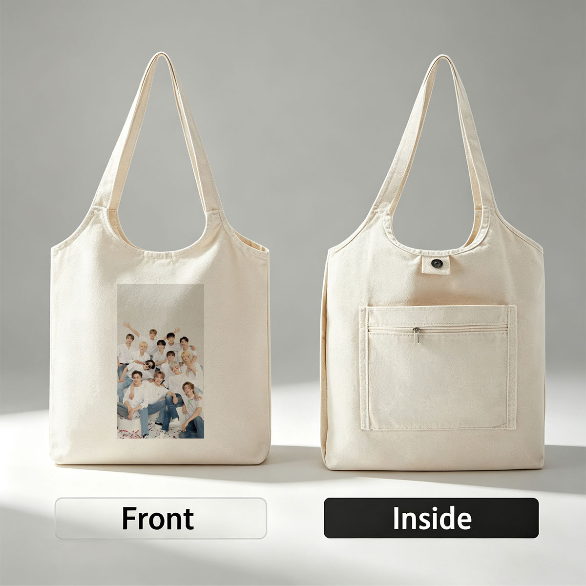 SEVENTEEN Group Photo in White Outfits with Playful Poses and Red Heart Details - Canvas shoulder bags/