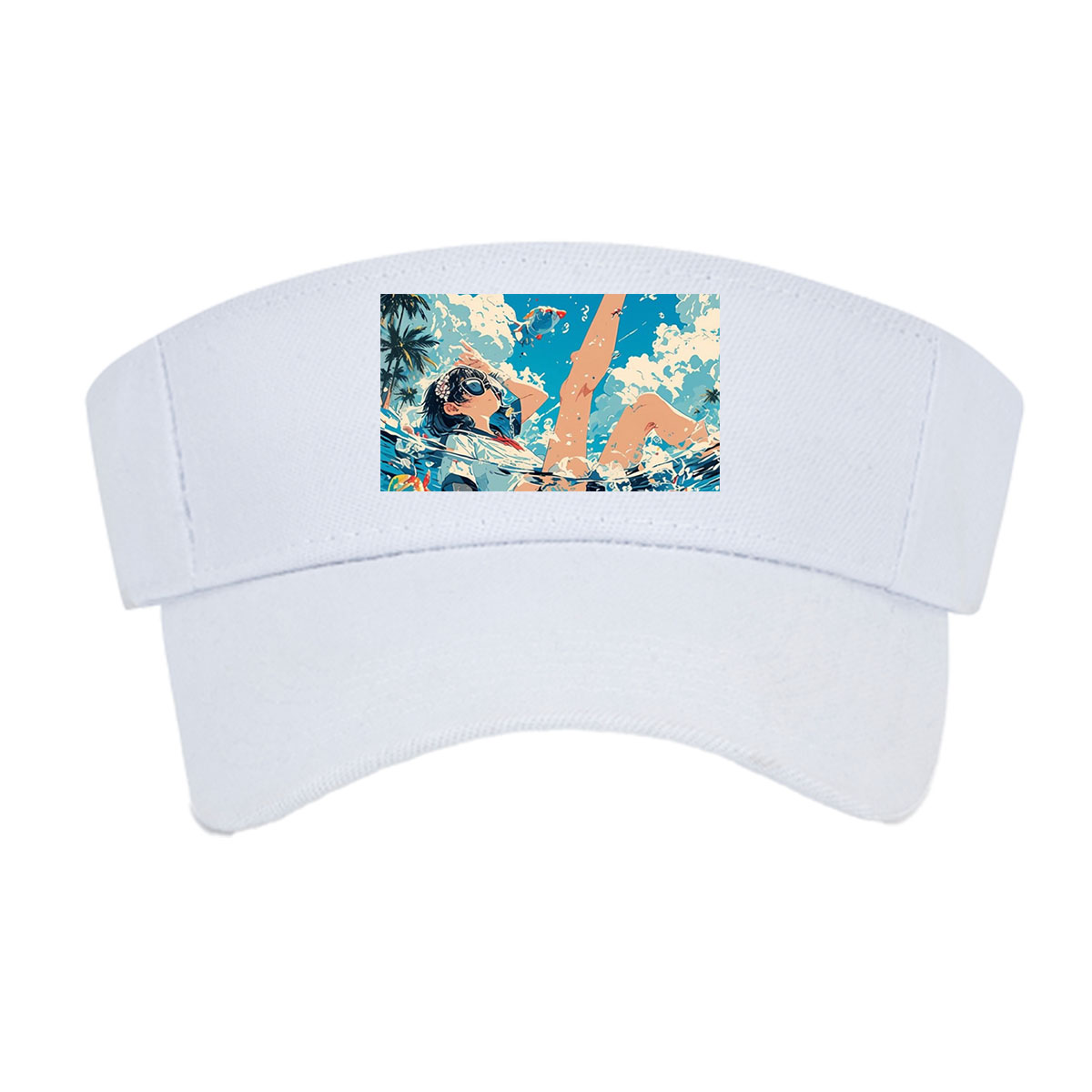 Girl floating in water with koi fish and palm trees under blue sky -  Visor cap