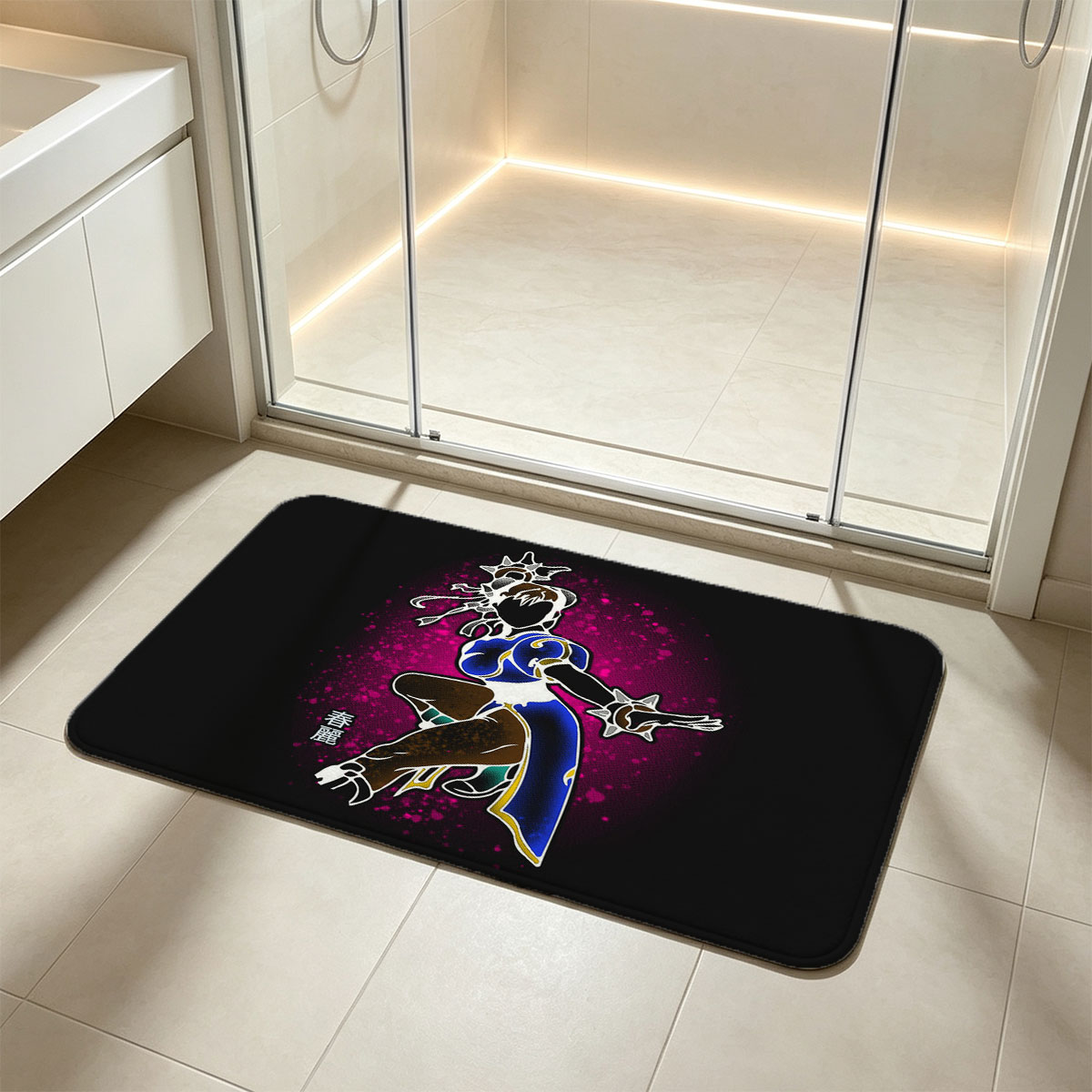 Chun-Li from Street Fighter in Dynamic Pose with Glowing Effects - Flannel floor mat