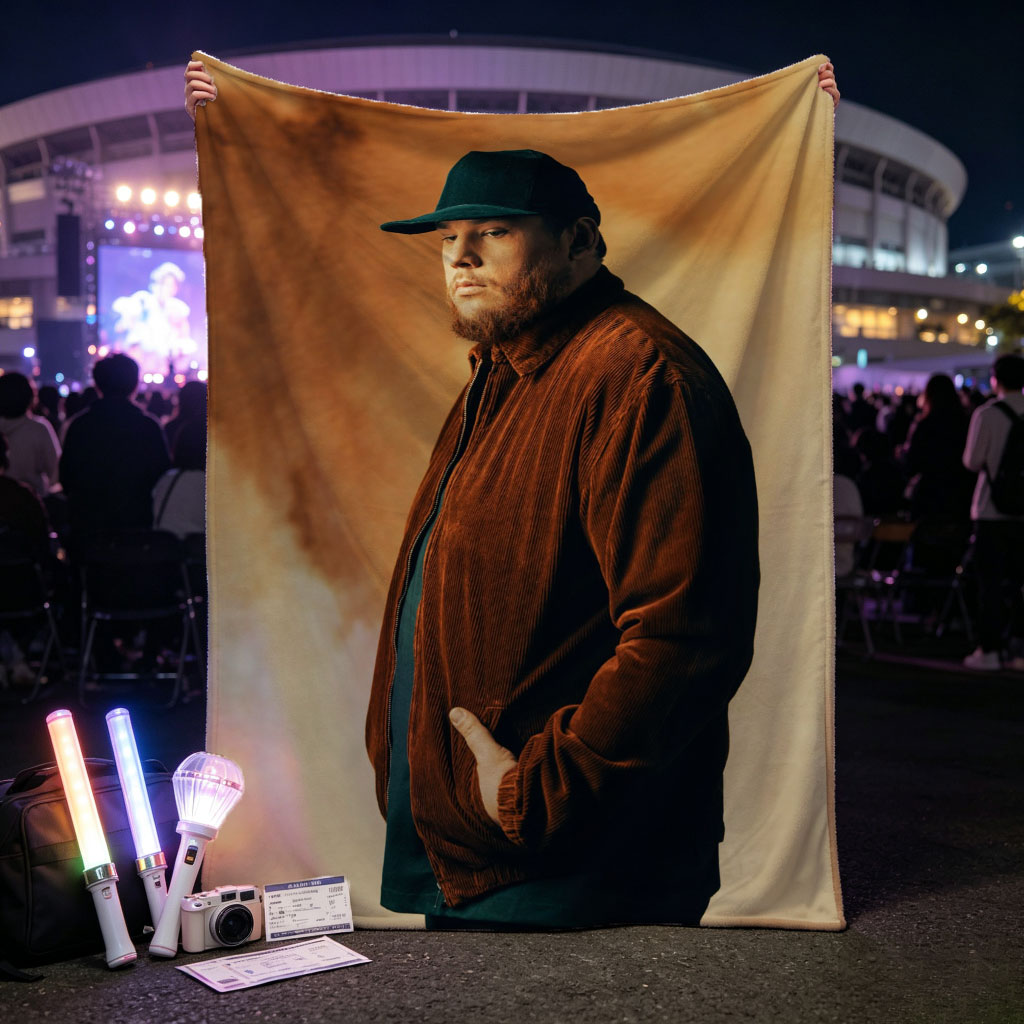 Luke Combs in a Studio Portrait Wearing a Brown Corduroy Jacket and Black Cap - Blankets
