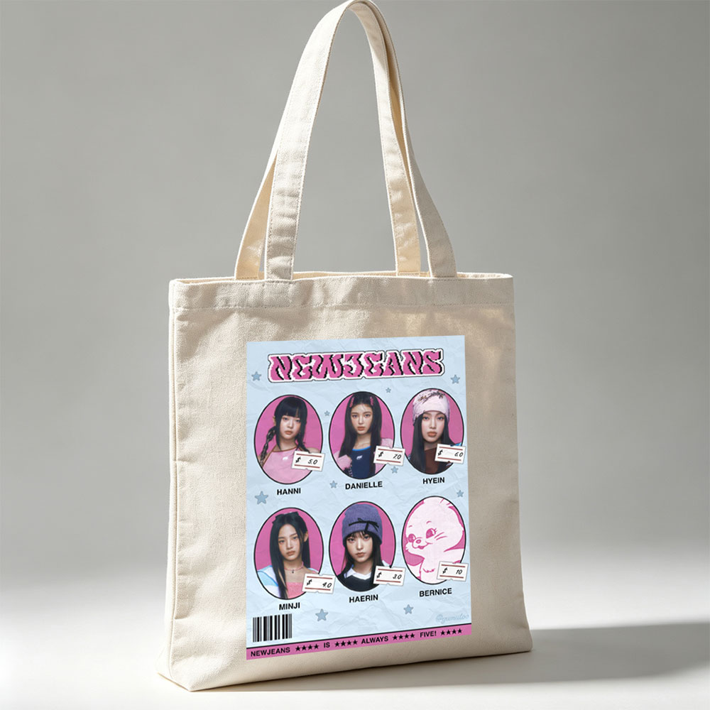 NEWJEANS Members in Pink-Themed Portrait Collage with Price Tags and Cartoon Character - Canvas tote bags