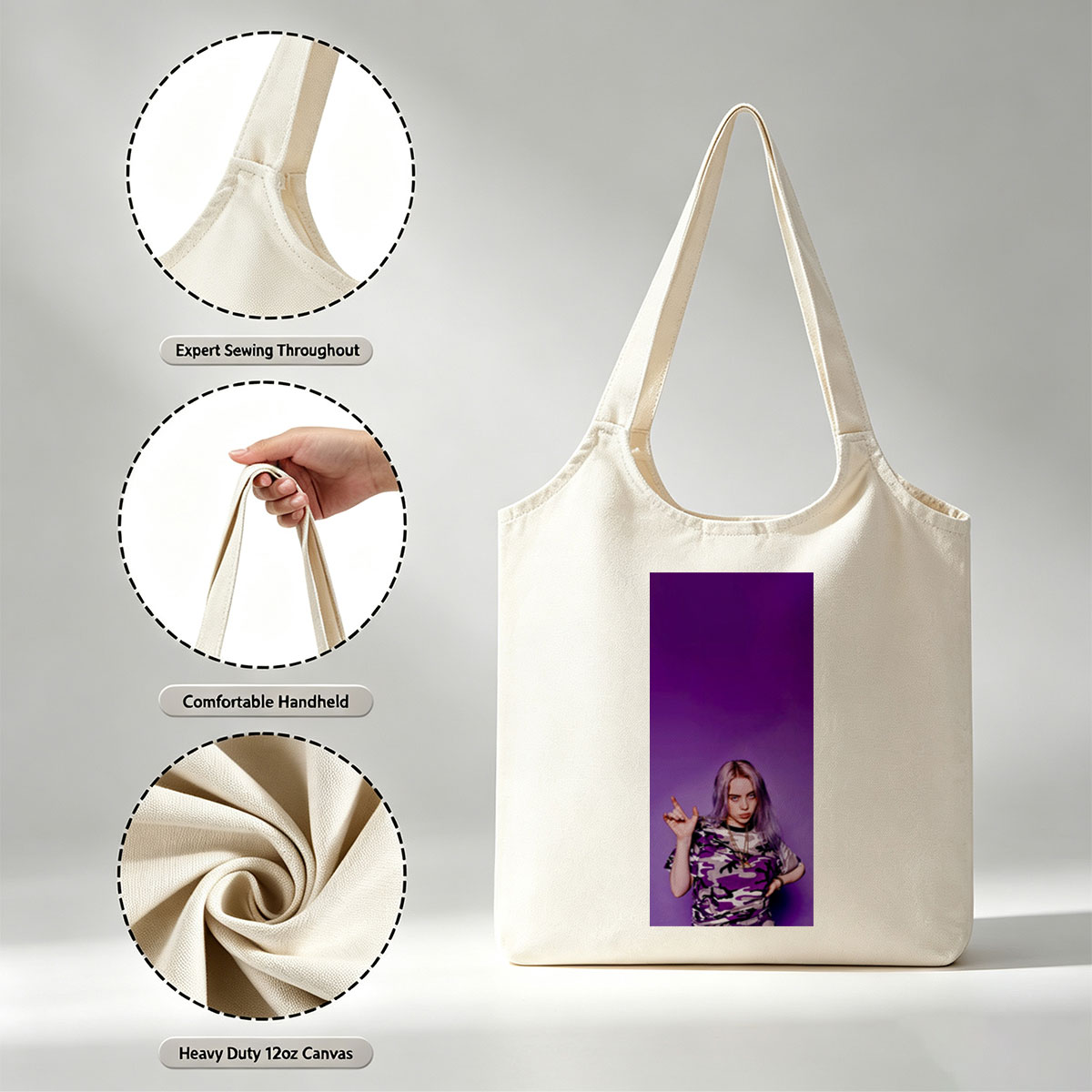 Billie Eilish in Purple Camo Outfit Making Hand Gesture Against Vibrant Background - Canvas shoulder bags/